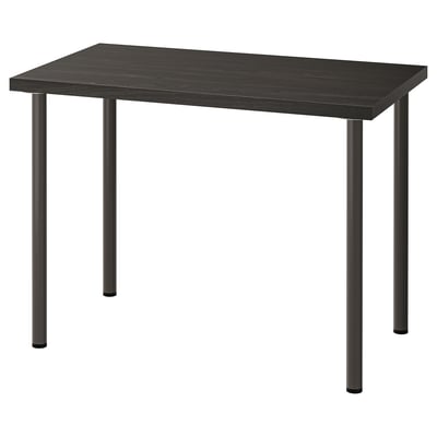 Black rectangular table, LINNMON, four slim metal legs, wood top with light grain pattern.