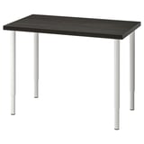 A black LINNMON desk with adjustable white metal legs. It has a simple, modern rectangular design.