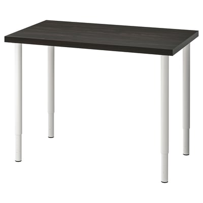 A black LINNMON desk with adjustable white metal legs. It has a simple, modern rectangular design.