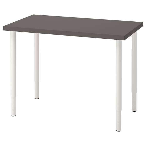 LINNMON desk, gray top white legs, adjustable height, minimalist design.
