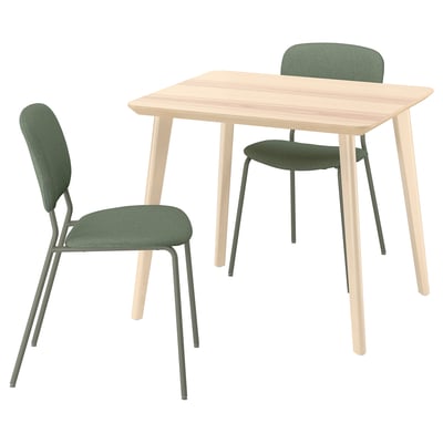 LISABO / VIHALS Table and 2 chairs, ash veneer/green Tibbleby grey-green, 88 cm