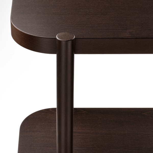 Dark wooden console table with rounded edges and central metal pillar. Two shelves provide storage, showcasing sleek design and craftsmanship.