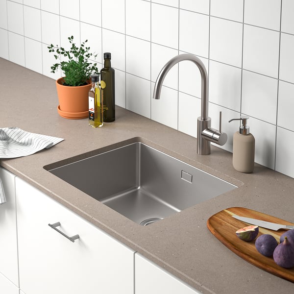 LOCKEBO Custom made worktop, dark beige limestone effect/glass composite, 1 m²x2.0 cm