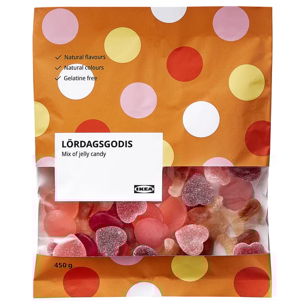 Ikeas LÖRDAGSGODIS, a 450g mix of gelatin-free, natural flavored jelly candies in shapes and berry/cola tastes.