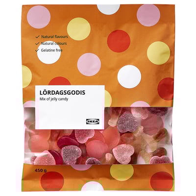 Ikeas LÖRDAGSGODIS, a 450g mix of gelatin-free, natural flavored jelly candies in shapes and berry/cola tastes.