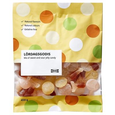 Package of LÖRDAGSGODIS candy, a mix of sweet and sour jelly candies, featuring natural flavors and colors, gelatin-free.