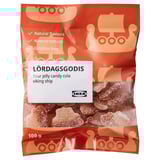 Ikeas LÖRDAGSGODIS pack, featuring viking ship sour cola jelly candies, 100g, gelatin-free.