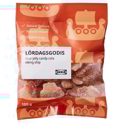 Ikeas LÖRDAGSGODIS pack, featuring viking ship sour cola jelly candies, 100g, gelatin-free.