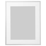 Square picture frame, silver, thin metal edge, light plastic cover.