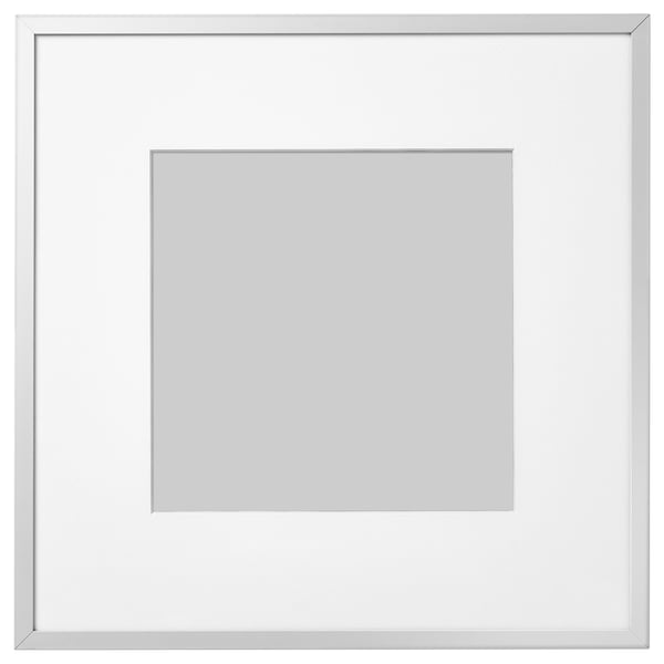 Silver LOMVIKEN photo frame with grey mat, square shape, sleek metal edge.