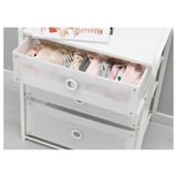 White chest, 3 drawers, see-through top, side handles.