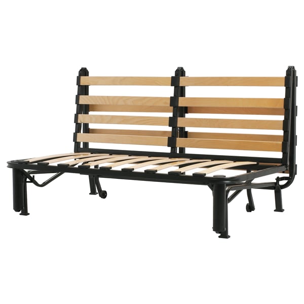 A black LYCKSELE sofa bed with wooden slats, supported by metal legs and a simple, modern design.