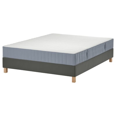 LYNGÖR grey bed base with white mattress, rectangular, flat-packed.