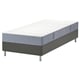 Modern gray LYNGÖR bed with white mattress, featuring pocket springs for comfort.
