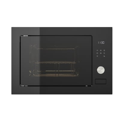 Black MÅGEBO microwave oven: sleek, handle-free design, digital display, metallic dial, and push-open door.