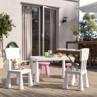 Kids outdoor table set: MAMMUT white, compact, plastic, with small chairs, toy dinosaur & bear, bowl, cups.