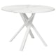 Modern round dining table with white marble top and sturdy metal legs.