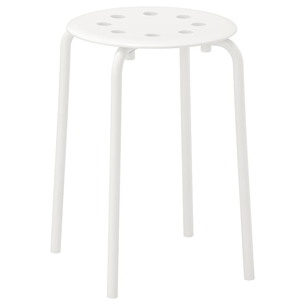 A white, round, metal MARIUS stool with four legs and air holes in the seat.