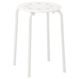 A white, round, metal MARIUS stool with four legs and air holes in the seat.