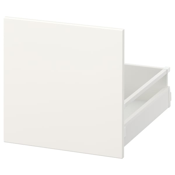 MAXIMERA white drawer unit. Minimalist design, rectangular shape, modern style. Made of particleboard, steel, and melamine foil.