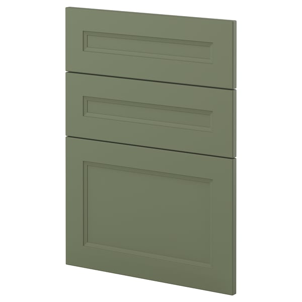 Three green kitchen cabinet drawers, sleek and modern design, recycled plastic front.