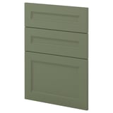 Three green kitchen cabinet drawers, sleek and modern design, recycled plastic front.