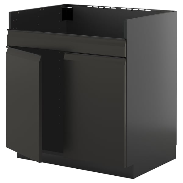 Dark gray modern kitchen cabinet with sleek, handle-less design.