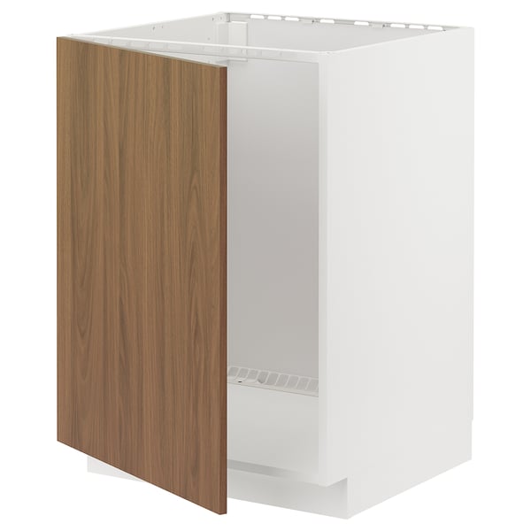 Walnut-colored METOD kitchen cabinet with white frame and wooden door, rectangular.