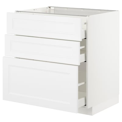 This image shows a white METOD kitchen cabinet with three drawers, offering a sleek and organized space.
