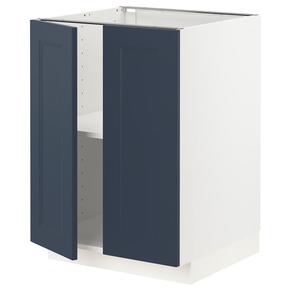 Blue METOD kitchen cabinet with two open doors, white interior, rectangular shape, modern design.