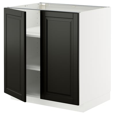 METOD kitchen unit with black beveled doors, adjustable shelves, white base, square shape.