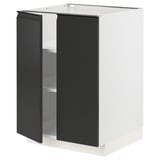 Modern white and black kitchen cabinet with adjustable shelves and nickel-plated hinges.