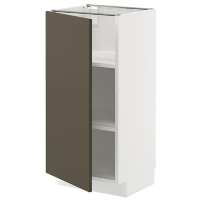 Modern METOD kitchen cabinet, dark brown/beige, white frame, adjustable shelves, square shape, sleek design.