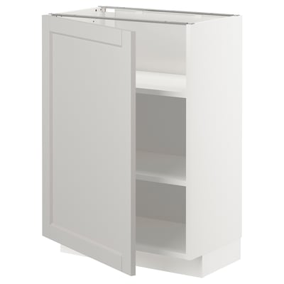 White METOD kitchen cabinet with beveled light grey lerhyttan doors, solid birch frame, adjustable shelves.