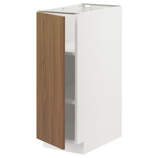 White METOD cabinet with walnut door, modern, rectangular, adjustable shelves.