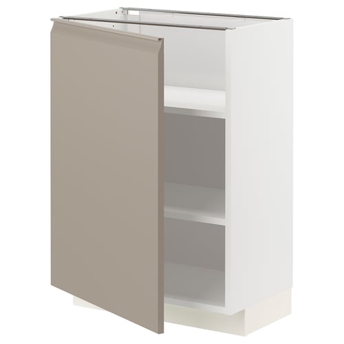 White kitchen cabinet with beige door and metal shelves.
