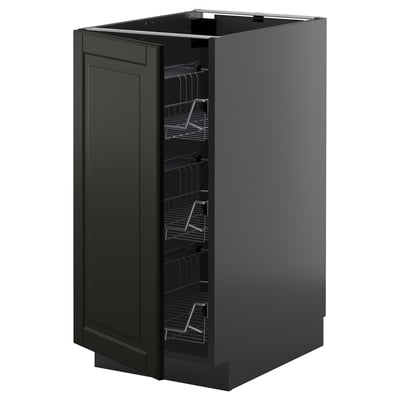 Modern METOD kitchen unit in black with beveled edges and wire shelves.