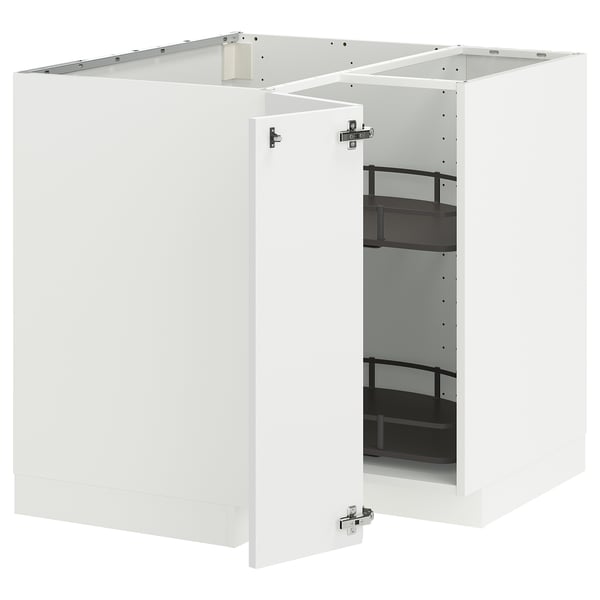 White METOD kitchen cabinet set, modern design, corner base with adjustable shelves.