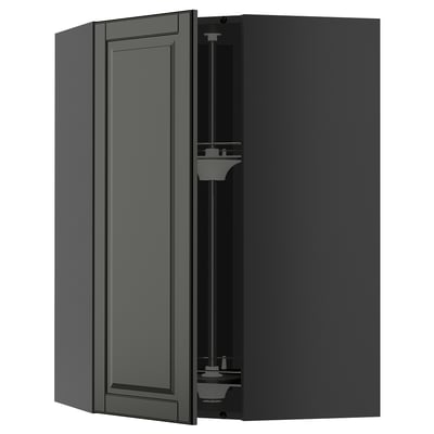 METOD kitchen unit with black angled cabinet, open door.