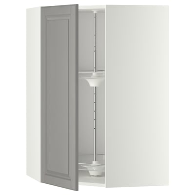 METOD kitchen cabinet in soft grey with open door and glass shelf.