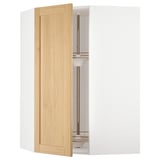 An open METOD kitchen cabinet with a light wood door. The cabinet is white with a modern design and glass shelves.