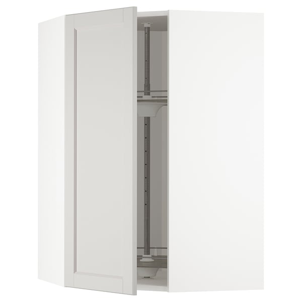 An open METOD kitchen cabinet with light grey lerhyttan bevelled edges, displaying a glass shelf and metal supports.