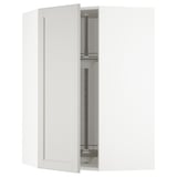 An open METOD kitchen cabinet with light grey lerhyttan bevelled edges, displaying a glass shelf and metal supports.