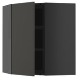 Modular corner cabinet in dark grey with two shelves, sleek and minimalist.