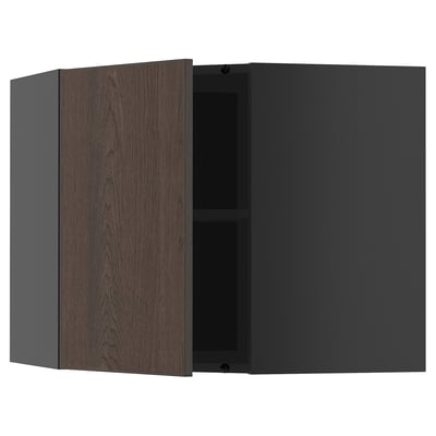Open dark wood cabinet with adjustable shelf. Modern kitchen storage.
