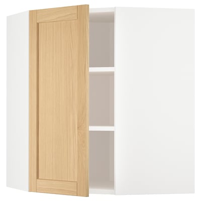 METOD kitchen cabinet in white with oak door open; adjustable shelf, beveled edges.