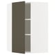 A modern, wall-mounted kitchen cabinet with a dark brown door and beige interior. It an adjustable shelf and a sleek design.