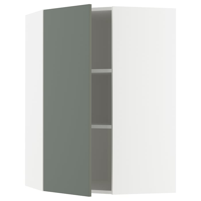 METOD Corner wall with shelves white/Nickebo matt greygreen