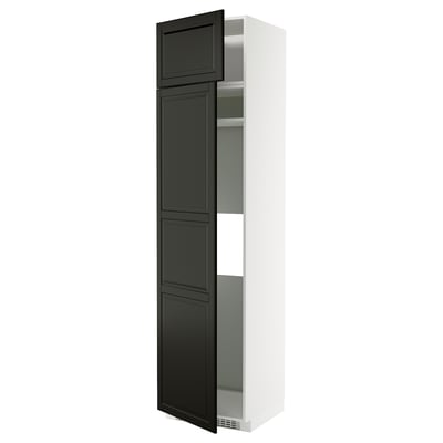 A black and white METOD tall kitchen cabinet with three shelves and beveled edges.