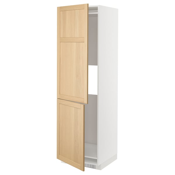 White tall kitchen cabinet with light wood doors open.
